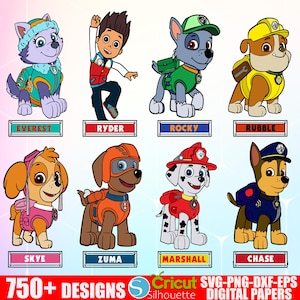 May include: Digital designs featuring characters from the Paw Patrol series, including Everest, Ryder, Rocky, Rubble, Skye, Zuma, Marshall, and Chase. The image includes the text "750+ Designs" and "SVG-PNG-DXF-EPS Digital Papers".