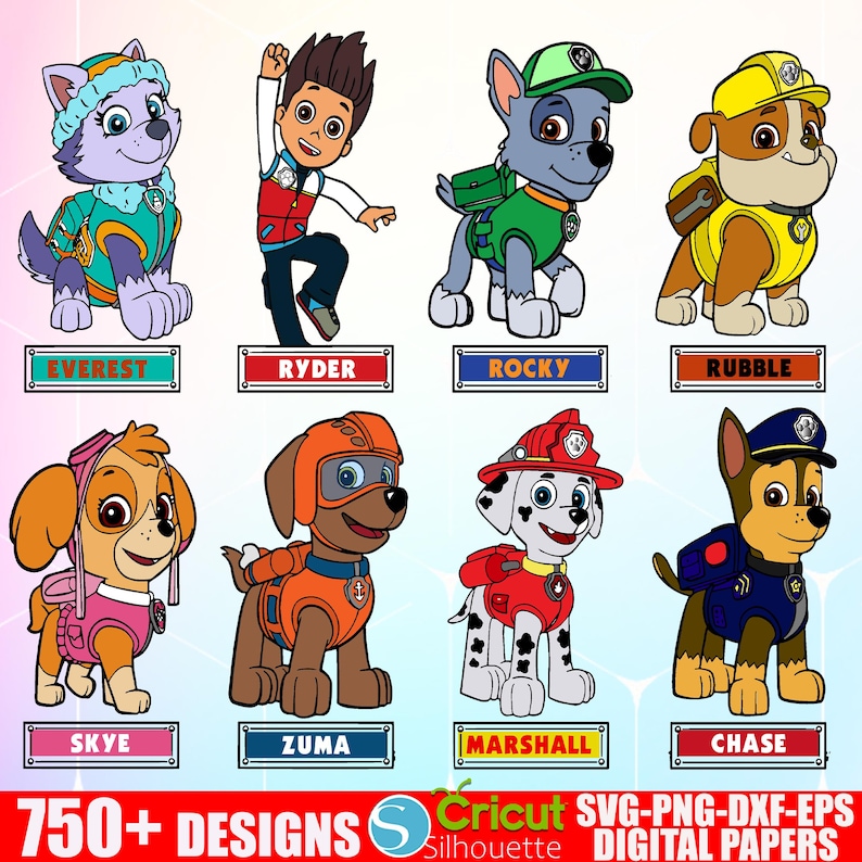 May include: Digital designs featuring characters from the Paw Patrol series, including Everest, Ryder, Rocky, Rubble, Skye, Zuma, Marshall, and Chase. The image includes the text "750+ Designs" and "SVG-PNG-DXF-EPS Digital Papers".