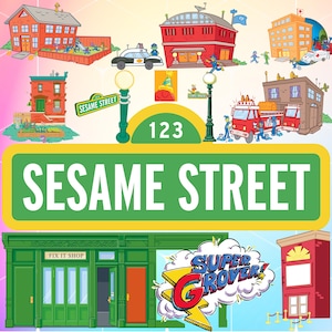 K&ouml;nnte beinhalten: Eine bunte Illustration der Sesamstra&szlig;e mit verschiedenen Geb&auml;uden, darunter eine Feuerwache, eine Schule und ein Reparaturgesch&auml;ft. Das Stra&szlig;enschild lautet "Sesame Street" mit der Nummer "123" darunter. Es gibt ein gr&uuml;nes und gelbes Schild mit der Aufschrift "Sesame Street" und ein rotes und gelbes Schild mit der Aufschrift "Super Grover!"
