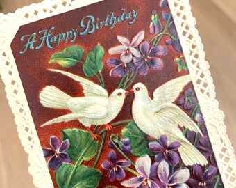 Vintage A Happy Birthday Postcard - Birds and Violets - Doily Edge