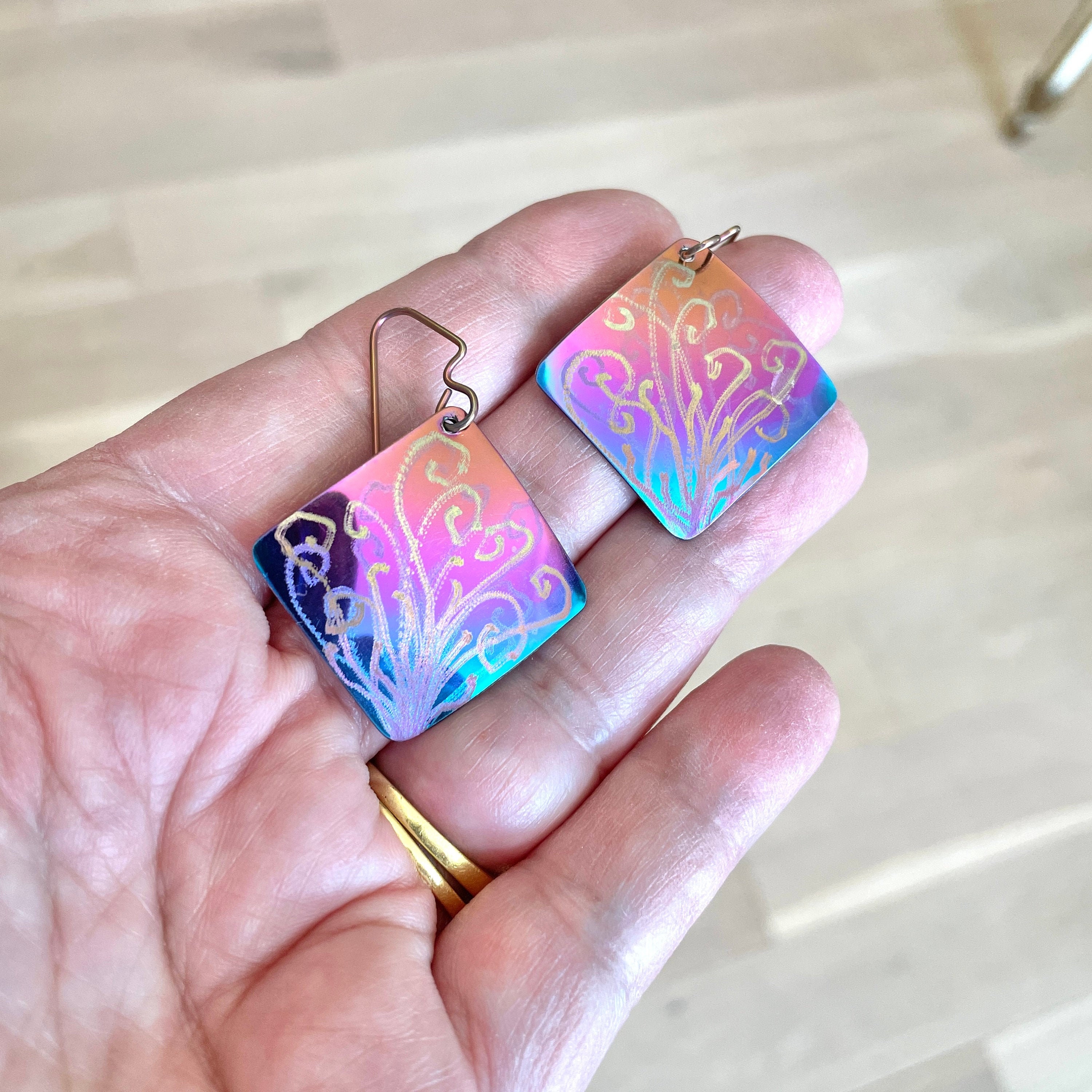 Vintage Anodized Metal Earrings - 1989 Signed Mustari - 80s