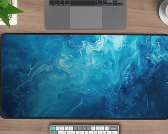 Blue Liquid Desk Mat, Abstract Fluid Art Mousepad, Modern Marbled Desk Decor, Designer Office Gift, Large Desk Pad