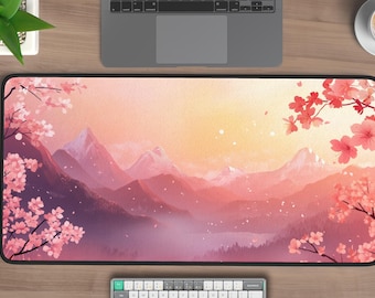 Mountain Sakura Desk Mat, Large Japanese Zen Mousepad, Cherry Blossom Landscape Desk Decor, Relaxing Office Gift, XL Desk Pad