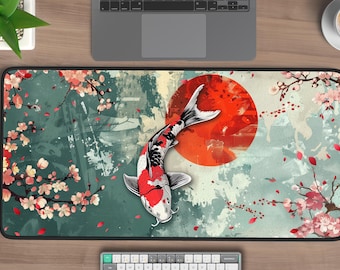 Alfombrilla de escritorio con diseño de peces koi, alfombrilla de ratón grande de arte japonés, decoración de escritorio con temática zen de estanque de koi, regalo relajante para la oficina, alfombrilla de escritorio XL