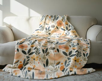 Manta Sherpa bohemia con estampado floral naranja, manta suave de forro polar, decoración acogedora para el hogar en color terracota tostado, regalo cálido para ella, manta para el sofá