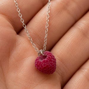 May include: A silver chain necklace featuring a small, realistic raspberry pendant. The raspberry is deep pink with a textured, bumpy surface and is attached to the delicate metal chain by a small silver jump ring, creating a simple pendant design.