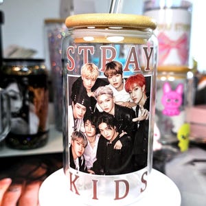 Stray Kids Group OT8 Glass Cup 16oz with Glass Straw / Kpop Skzoo Cup Gift / Frosted Available
