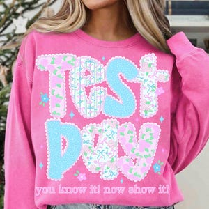May include: A pink sweatshirt with the words "TEST DAY" in a floral and blue design. The text "you know it! now show it!" is printed below the main text. The sweatshirt has a crew neck and long sleeves.