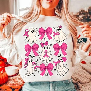 In October We Wear Pink Ghost Shirt PNG, Halloween Ghost Png, Pink Ribbon Png, Breast Cancer Awareness Png, Coquette Bow, Halloween Png