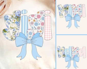 Mimi Gigi Nana Floral Coquette Bow Glitter png, Blue Floral, Stripes, Mimi Flower Png, Preppy Nana Png, Mothers Day png, Hand Lettered