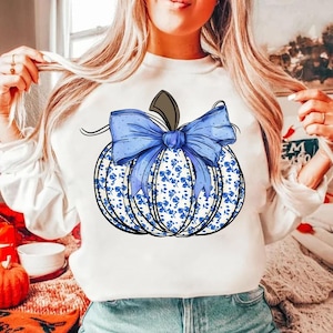 May include: White sweatshirt with a blue and white pumpkin with a blue bow. The pumpkin is decorated with a blue floral pattern.