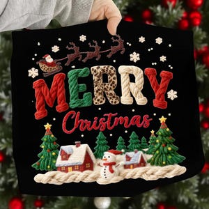 May include: Black fabric featuring a Christmas design with the words "MERRY CHRISTMAS". The design includes Santa in a sleigh, reindeer, snowflakes, Christmas trees, houses, and a snowman.