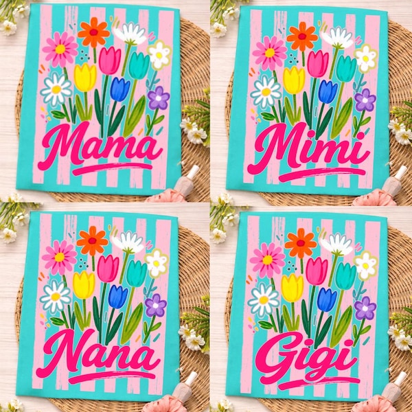 Gestreepte neon Mama wilde bloemen coquette strik png-bundel, trendy bloemen Mama png, Mimi Gigi Nana bloemen png, Cottagecore Mama png, penseelstreek