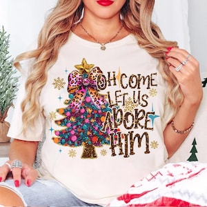 Glitter Christmas Tree Bright Color PNG, Oh Come Let Us Adore Him Png, Thanksgiving Coquette Png,Christian Winter, Jesus Cross,Dalmatian Dot