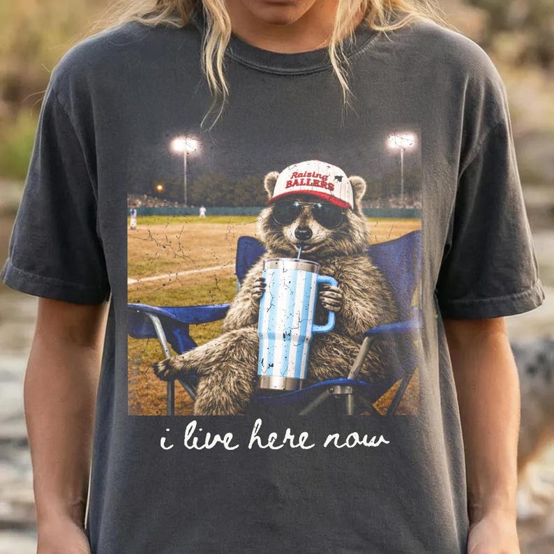 I Live Here Now Raccoon Holding Tumbler 40oz Ballfield Png, Striped ...