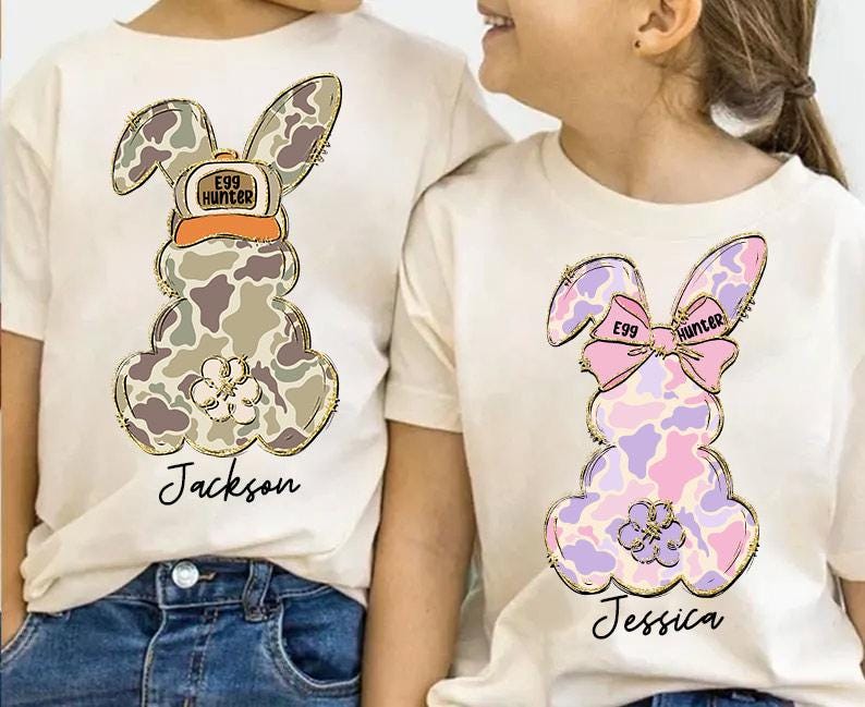 Egg Hunter Png, Custom Camo Easter Bunny Boy/Girl PNG, Boy Bunny With Backwards Cap Png, Camo Easter Bunny File, Pink Camo Kids Easter Png image 1