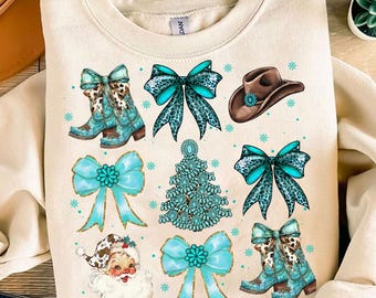 Coquette de Noël western PNG, Western pierres précieuses noeuds de vache, cowboy du père Noël, bottes pain d'épice en téléchargement numérique Noël maman Design