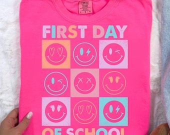 Checkerboard Back to School Smiley PNG, Hello Kindergarten Pre-K 1st 2d 3d 4th Grades Png, First day of school Hand Drawn Teacher Girl