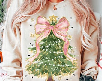 Coquette Glitter Christmas Tree Png, Watercolor Christmas Tree Girly, Merry Christmas Coquette Bow Tree Png, Christmas Lights Hand Drawn