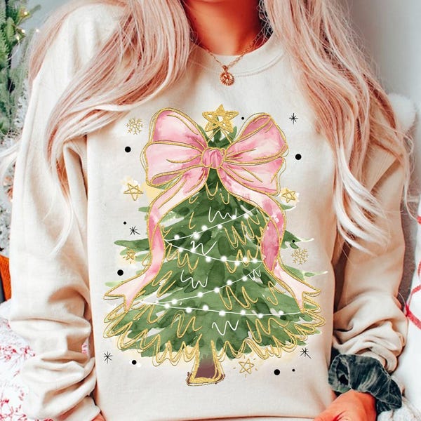Coquette Glitter Christmas Tree Png, Watercolor Christmas Tree Girly, Merry Christmas Coquette Bow Tree Png, Christmas Lights Hand Drawn