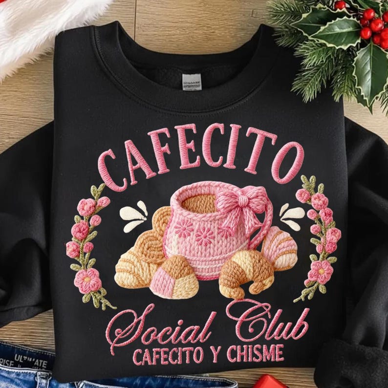 Pode incluir: Camisola preta com design bordado. O design apresenta a palavra "CAFECITO" acima de uma ch&aacute;vena de caf&eacute; rosa com um la&ccedil;o, rodeada por flores e croissants. Abaixo est&aacute; "Social Club" e "CAFECITO Y CHISME".