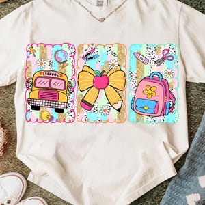 Retour à l'école pour filles png, premier jour d'école png, cartable png, autobus scolaire, noeud rose crayon coquette école girly, coup de pinceau