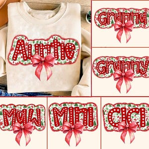 Christmas Auntie Granny Maw Cici Mini Coquette Png, Mama Claus png, Christmas coquette bow png, Doodles Xmas, Candy Cane Santa Hot Cocoa