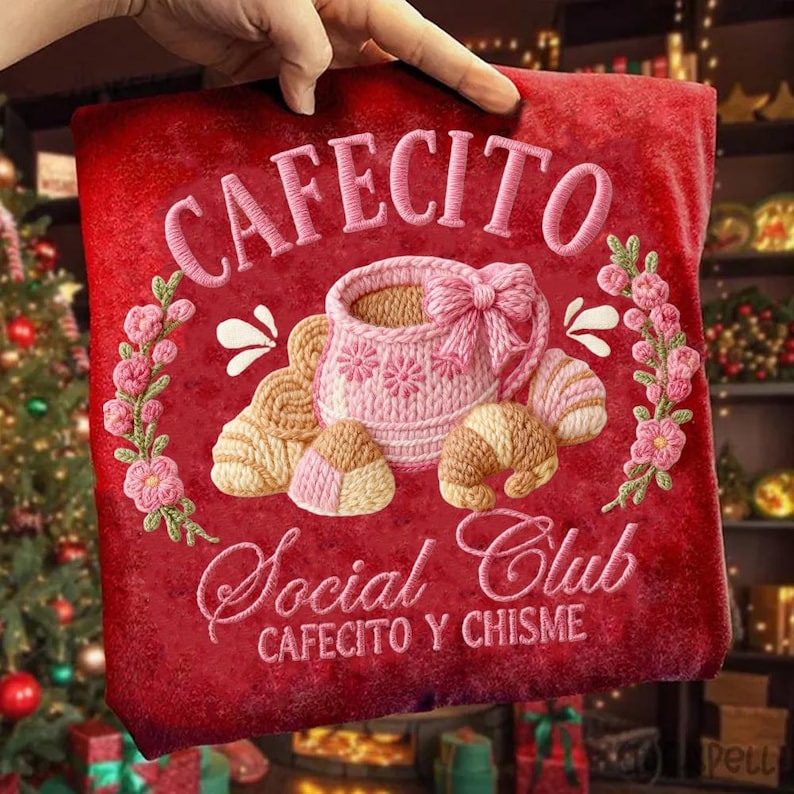 Pode incluir: Almofada decorativa vermelha com texto bordado "CAFECITO Social Club" e uma ch&aacute;vena de caf&eacute; rosa com la&ccedil;o, rodeada por pastelaria e detalhes florais. A almofada &eacute; segurada por uma m&atilde;o.