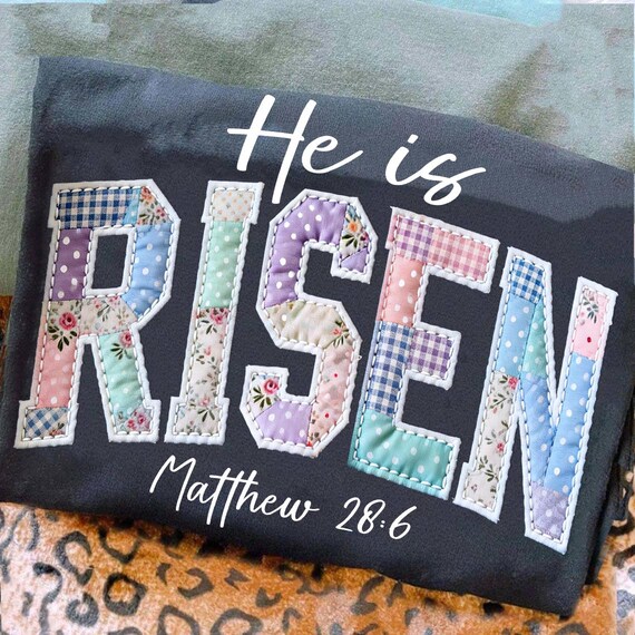 He Is Risen Png, Faux Quilted Religious Shirt PNG, Faux Embroidered Christian Easter Design, Varsity Faith Png, Preppy Cottagecore Jesus Png