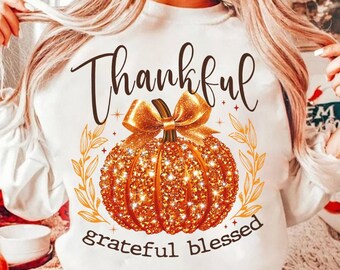 Thankful Pumpkin Coquette Glitter PNG, Thankful Grateful Blessed Disco Ball Pumpkin Png, Retro Fall Vibes Png, Thanksgiving Sublimation