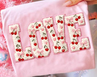 San Valentino retrò con amore Png, San Valentino in filato finto Png, Cuore in filato con uncinetto, Fiocco di ciliegia Coquette Png, San Valentino con ricamo finto, San Valentino carino