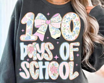 Coquette 100 Days of School PNG, Preppy Floral Teacher Sublimation Design, Cute Pastel 100 Days of School Shirt Graphic, Teacher PNG
