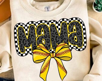 May include: A cream-colored sweatshirt with the word "MAMA" in black and white checkered and leopard print letters. A yellow and red softball bow is below the word.