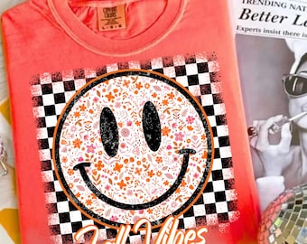 Retro Fall vibes Smiley Ditsy Floral Checkered Png, Fall Png, Fall pumpkin Sublimation png, Thanksgiving png, Autumn png, Fall Lace png
