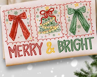 Coquette Merry and Bright Christmas Png, Preppy Christmas Tree png, Distressed Christmas Bow Christmas Lights PNG, Girly,Brushstroke