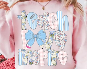 Preppy Teach Love Inspire Png, Preppy Teacher Pencil Blue Floral Doodle Png, Teacher Life Png, Checkered Sublimation, Pencil Bow Teacher