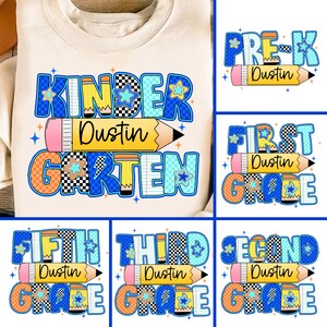 Retro Back to School Boys PNG Bundle, Custom Kindergarten Kid Name, First Day Shirt PNG, Pre-K to Fourth Grade Png, School Boy Sublimation