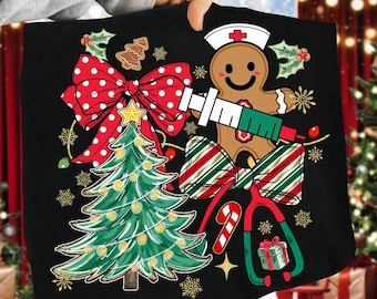 May include: Black Christmas-themed design featuring a gingerbread man wearing a nurse's hat and holding a syringe. A Christmas tree, red polka dot bow, and other festive elements are also included in the design.