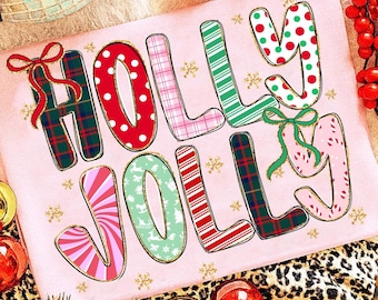 Preppy Holly Jolly Christmas Doodle Png, Coquette Christmas PNG, Christmas Red Pink Hand Drawn Whimsical Gingham Tartan Candy Cane Glitter