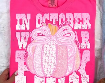 In October We Wear Pink Png Breast Cancer Pumpkin Png, Retro Pink Ribbon Pumpkin Png, Breast Cancer Awareness Png, Faux Glitter, Pink Ribbon