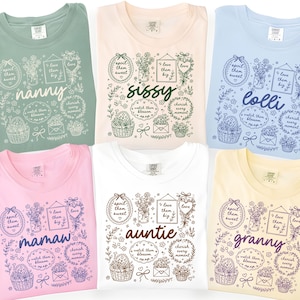 May include: Six crew neck t-shirts in various colors, each featuring a unique floral design and a word such as "nanny", "sissy", "lolli", "mamaw", "auntie", and "granny". The designs include floral elements, decorative frames, and the phrases "spoil them sweet", "love them big", and "cherish every moment".