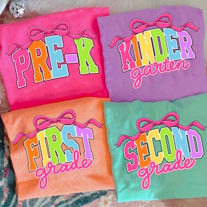 Retro Back to School PNG Neon Disstressed Bundle, Coquette Kindergarten Pre-K 1st 2nd 3rd 4th Grade Png, Girly Pink Bow, Hand Drawn,Colorful