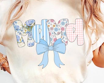 Mama Floral Coquette Bow Glitter png, Blue Floral, Stripes, Mama Flower Png, Preppy Mama Png, Mama Heart png, Mothers Day png, Hand Lettered