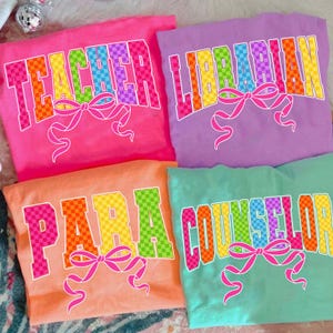 Neon Checkered Teacher PNG, Teacher Back to School PNG Neon Distressed, Coquette Counselor/Para/ LibrarianPng, Hand Drawn,Colorful