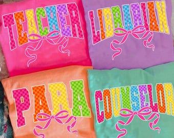 Neon Checkered Teacher PNG, Teacher Back to School PNG Neon Distressed, Coquette Counselor/Para/ LibrarianPng, Hand Drawn,Colorful