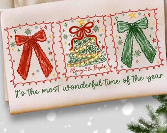 Coquette Merry and Bright Christmas Png, Preppy Christmas Tree png, Wonderful time, Distressed, Christmas Lights PNG, Girly,Brushstroke