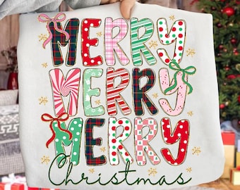Preppy Merry Christmas Doodle Png, Coquette Christmas PNG, Christmas Red Pink Hand Drawn Whimsical Gingham Tartan Candy Cane Glitter