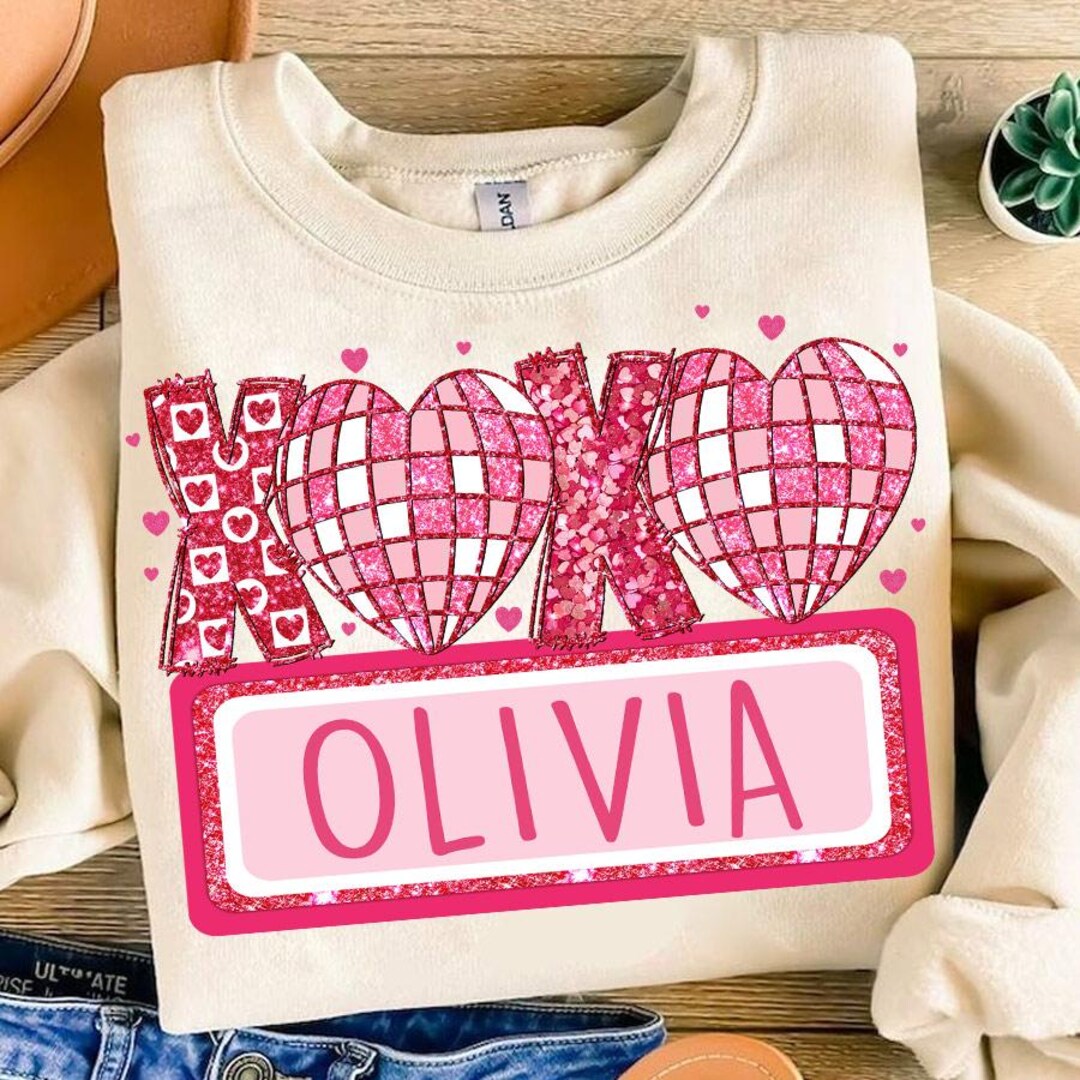 Personalized Girl Name XOXO Valentines Faux Sequin PNG, Disco Ball ...