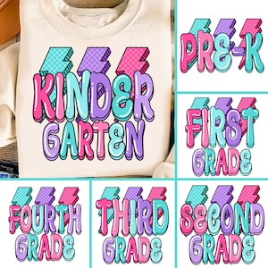 Retro Back to School Girls PNG Checkered Bundle, Kindergarten Kid Design, First Day Shirt PNG, Pre-K to Fourth Grade Png, School Girl File