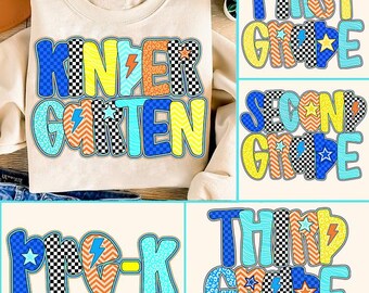 Paquete de regreso a clases para niños de primer, segundo y tercer grado (imágenes prediseñadas), cuadros, lunares dálmatas, niños preppy, escuela retro de jardín de infantes, primer día de clases